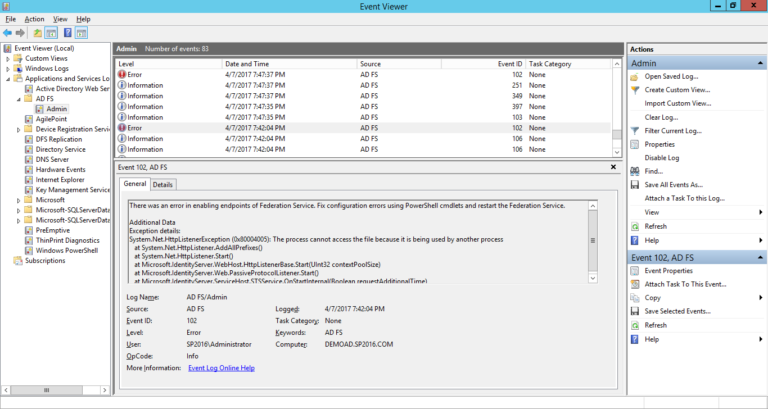 ADFS Error: There was an error in enabling endpoints of Federation ...